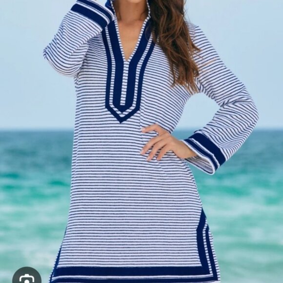 Cabana Life Essential Terry Navy and White Striped Tunic Cover Up Size Medium - Picture 10 of 10